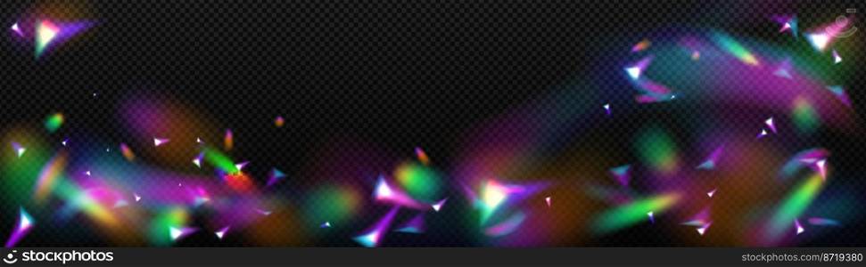 Overlay rainbow effect, prism crystal light refraction. Lens flare, glass, jewelry or gem stone blurred reflection glare, optical physics effect on black background, Realistic 3d vector illustration. overlay rainbow effect, crystal light refraction