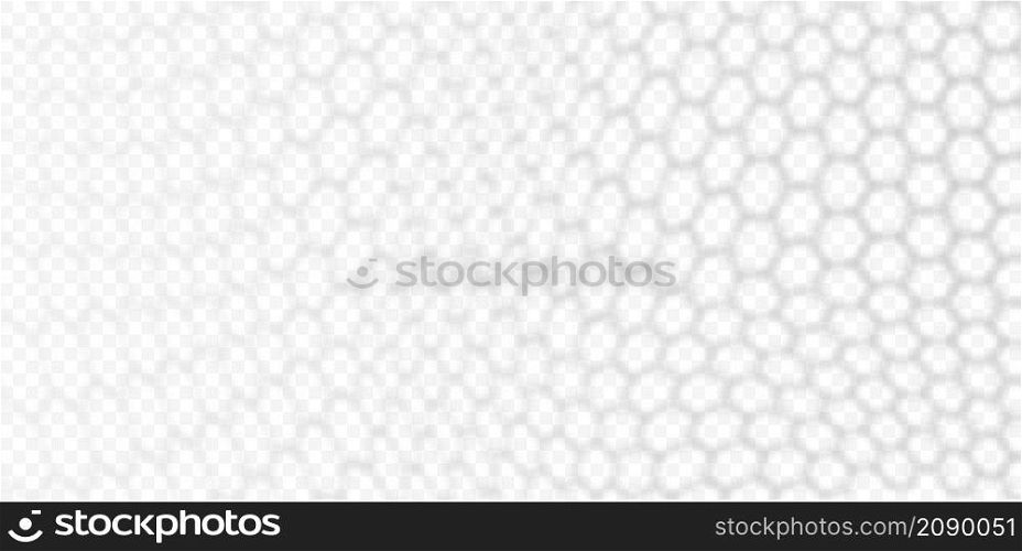 Overlay shadow of hexahonal rabitz net. Fence reflection on transparent background. Blured silhouette of grid. Vector illustration. EPS10