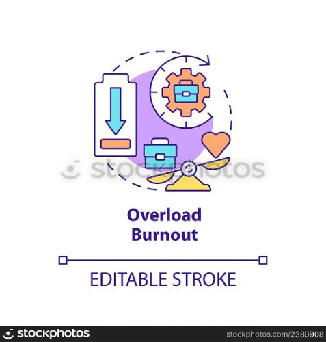 Overload burnout concept icon. Work hard to achieve success. Type of burnout abstract idea thin line illustration. Isolated outline drawing. Editable stroke. Arial, Myriad Pro-Bold fonts used. Overload burnout concept icon
