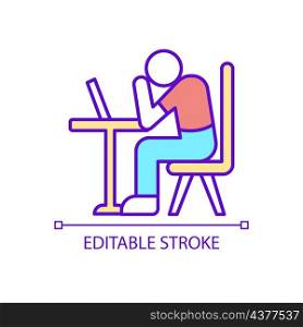 Overloaded employee at workplace RGB color icon. Burnout of overworking and multitasking. Isolated vector illustration. Simple filled line drawing. Editable stroke. Arial font used. Overloaded employee at workplace RGB color icon
