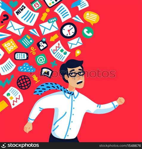 Overloading concept. Information overloading. Young businessman running away from information stream pursuing him. Concept of person overwhelmed by information. Vector illustration in flat style. Overloading concept. Information overloading. Young businessman running away from information stream pursuing him. Concept of person overwhelmed by information. Vector illustration in flat style.
