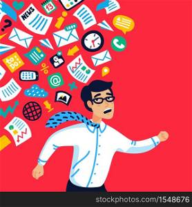 Overloading concept. Information overloading. Young businessman running away from information stream pursuing him. Concept of person overwhelmed by information. Vector illustration in flat style. Overloading concept. Information overloading. Young businessman running away from information stream pursuing him. Concept of person overwhelmed by information. Vector illustration in flat style.