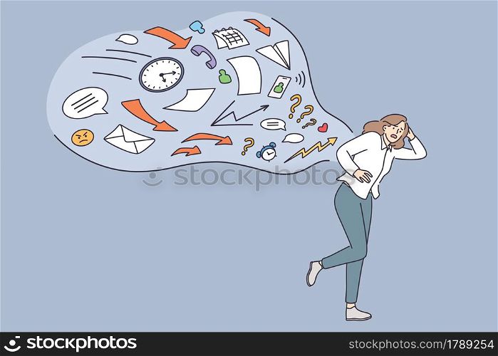 Overloading, stress, overwork job concept. Young business woman cartoon character running away from information stream pursuing her overwhelmed by information vector illustration . Overloading, stress, overwork job concept