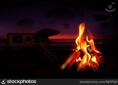 Overnight in nature realistic background with burning campfire van and items for rest vector illustration