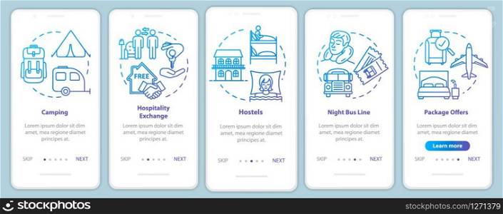 Overnight stay onboarding mobile app page screen with concepts. Camping. Cheap accommodations. Budget travel walkthrough five steps graphic instructions. UI vector template, RGB color illustrations
