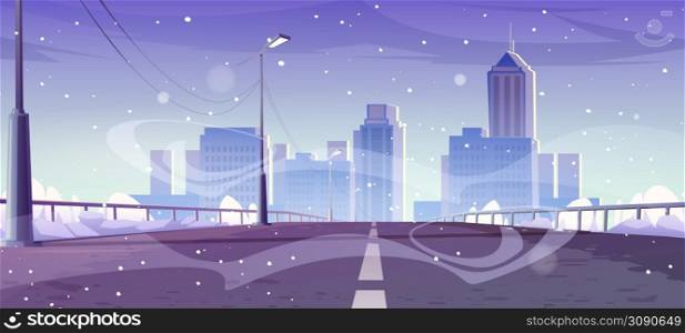 Overpass car road to city in winter. Vector cartoon illustration of cityscape, highway bridge with railings, street lights and snow, house buildings and skyscrapers on skyline and snowfall. Overpass car road to city in winter