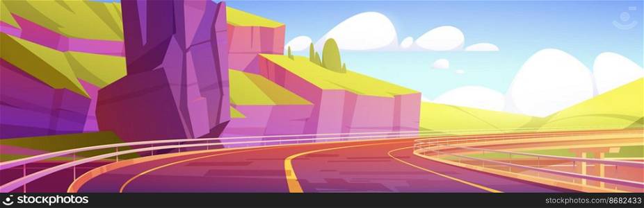 Overpass, highway, empty road at mountains summer landscape, modern infrastructure with metal railings and markup. Two-lane asphalted turning way and rocks perspective view Cartoon vector illustration. Overpass, highway, empty road mountains landscape