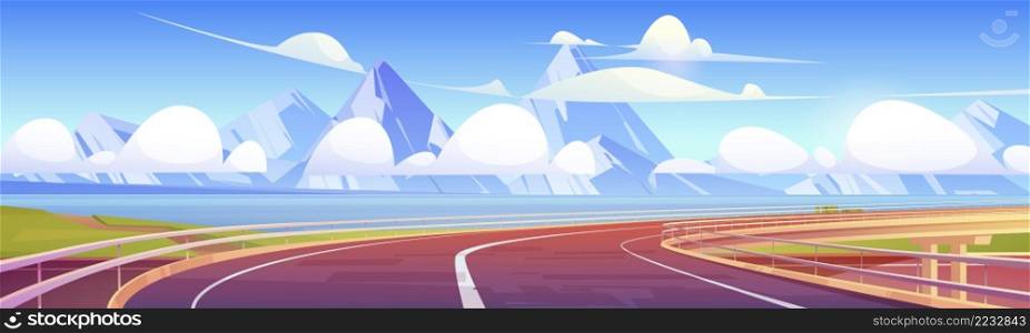 Overpass, highway, empty road at summer landscape with mountains and water bay. Modern infrastructure with metal railings and markup. Asphalted turning way and rocks, Cartoon vector illustration. Overpass, highway, empty road at summer landscape