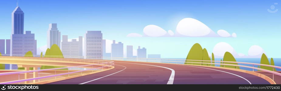 Overpass highway, empty road to city with skyscraper buildings and modern houses over sea landscape. Two-lane asphalted way, urban cityscape, town skyline perspective view Cartoon vector illustration. Overpass highway, empty city road with skyscrapers