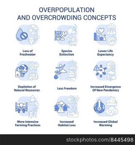 Overpopulation and overcrowding light blue concept icons set. Problems and effects idea thin line color illustrations. Isolated symbols. Editable stroke. Roboto-Medium, Myriad Pro-Bold fonts used. Overpopulation and overcrowding light blue concept icons set