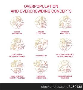 Overpopulation and overcrowding red gradient concept icons set. Global problems and effects idea thin line color illustrations. Isolated symbols. Roboto-Medium, Myriad Pro-Bold fonts used. Overpopulation and overcrowding red gradient concept icons set
