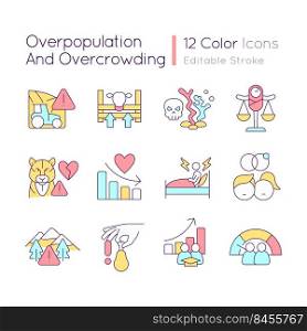 Overpopulation and overcrowding RGB color icons set. Global problems impact. Isolated vector illustrations. Simple filled line drawings collection. Editable stroke. Quicksand-Light font used. Overpopulation and overcrowding RGB color icons set