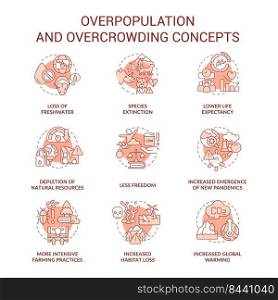 Overpopulation and overcrowding terracotta concept icons set. Global problems idea thin line color illustrations. Isolated symbols. Editable stroke. Roboto-Medium, Myriad Pro-Bold fonts used. Overpopulation and overcrowding terracotta concept icons set