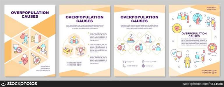 Overpopulation causes orange brochure template. Growth reasons. Leaflet design with linear icons. Editable 4 vector layouts for presentation, annual reports. Arial-Black, Myriad Pro-Regular fonts used. Overpopulation causes orange brochure template