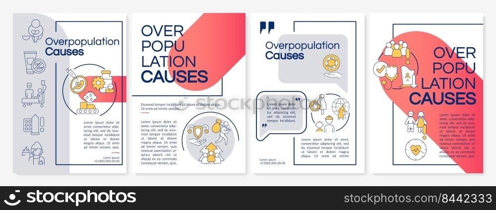 Overpopulation causes red and grey brochure template. Growth reasons. Leaflet design with linear icons. Editable 4 vector layouts for presentation, annual reports. Questrial, Lato-Regular fonts used. Overpopulation causes red and grey brochure template