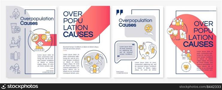 Overpopulation causes red and grey brochure template. Growth reasons. Leaflet design with linear icons. Editable 4 vector layouts for presentation, annual reports. Questrial, Lato-Regular fonts used. Overpopulation causes red and grey brochure template