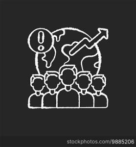 Overpopulation chalk white icon on black background. Population rises very fast to be managed. Damaging all planet. Resourses decreasing process. Isolated vector chalkboard illustration. Overpopulation chalk white icon on black background