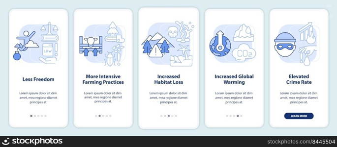 Overpopulation consequences light blue onboarding mobile app screen. Walkthrough 5 steps editable graphic instructions with linear concepts. UI, UX, GUI template. Myriad Pro-Bold, Regular fonts used. Overpopulation consequences light blue onboarding mobile app screen