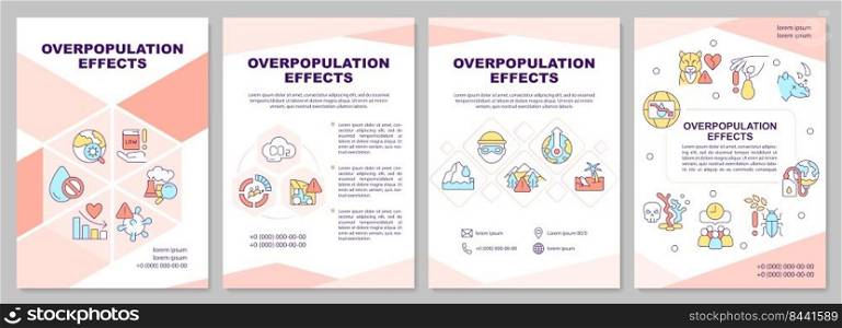 Overpopulation effects pink brochure template. Global problems. Leaflet design with linear icons. Editable 4 vector layouts for presentation, annual reports. Arial-Black, Myriad Pro-Regular fonts used. Overpopulation effects pink brochure template