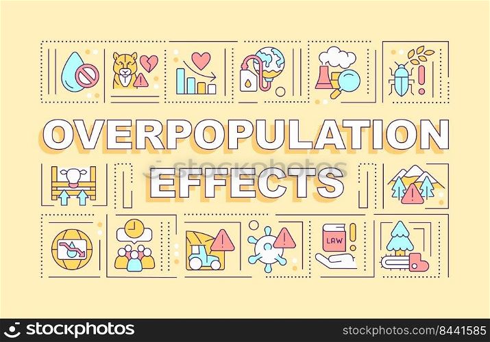 Overpopulation effects word concepts yellow banner. Problem impact. Infographics with editable icons on color background. Isolated typography. Vector illustration with text. Arial-Black font used. Overpopulation effects word concepts yellow banner
