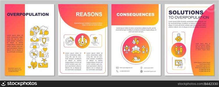 Overpopulation red gradient brochure template. Problem and solutions. Leaflet design with linear icons. 4 vector layouts for presentation, annual reports. Arial-Black, Myriad Pro-Regular fonts used. Overpopulation red gradient brochure template