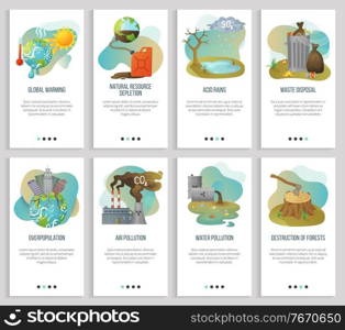 Overpopulation vector, global warming and waste disposal, air pollution and deforestation, forest destruction, acid rains and resource depletion. Website or slider app, landing page flat style. Air Pollution and Overpopulation, Ecology Problems