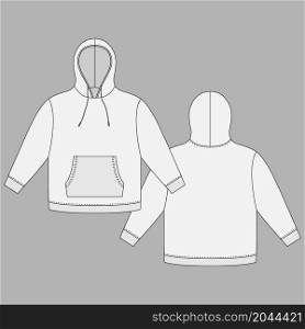 Oversized cotton hoodie mockup template. Apparel hoody technical sketch. Sweatshirt with hood, pockets. Unisex jumper. Casual clothes. Front and back views. CAD fashion vector illustration. Oversized cotton hoodie mockup template. Apparel hoody technical sketch. Sweatshirt with hood, pockets. Unisex jumper.