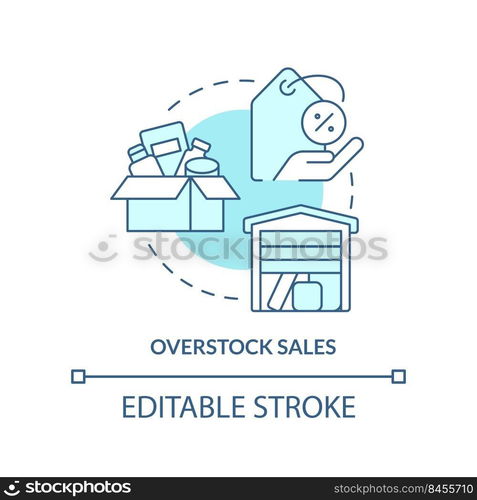 Overstock sales turquoise concept icon. Move inventory for low price. Discounts type abstract idea thin line illustration. Isolated outline drawing. Editable stroke. Arial, Myriad Pro-Bold fonts used. Overstock sales turquoise concept icon