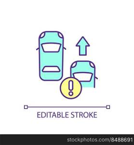 Overtaking RGB color icon. Roadway lane. Vehicle passing another car. Be careful and attentive. Isolated vector illustration. Simple filled line drawing. Editable stroke. Arial font used. Overtaking RGB color icon