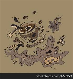 Overturned cup of coffee. Hand Drawn vector pattern.