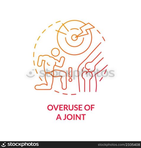 Overuse of joint red gradient concept icon. Inflammatory joint disease abstract idea thin line illustration. Chronic condition. Stress fracture. Isolated outline drawing. Myriad Pro-Bold font used. Overuse of joint red gradient concept icon