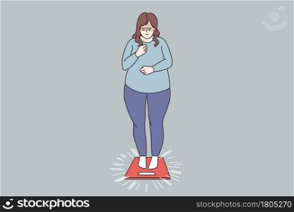 Overweight and Obese people concept. Fat obese sad woman standing on scales having weight problems feeling stressed vector illustration . Overweight and Obese people concept