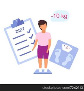Overweight kid losing weight flat vector illustration. Teenager controlling body mass on scales isolated cartoon character on white background. Young boy following diet plan, healthy lifestyle
