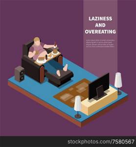 Overweight lazy man suffering from gluttony eating and drinking in front of tv 3d isometric vector illustration