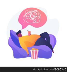 Overweight man cartoon character lying on armchair and drinking soda. Physical inactivity, passive lifestyle, bad habit. Sedentary lifestyle. Vector isolated concept metaphor illustration. Physical inactivity vector concept metaphor