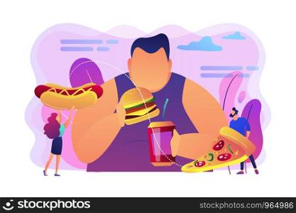 Overweight man eating burger, tiny people giving fast food. Overeating addiction, binge eating disorder, compulsive overeating treatment concept. Bright vibrant violet vector isolated illustration. Overeating addiction concept vector illustration.