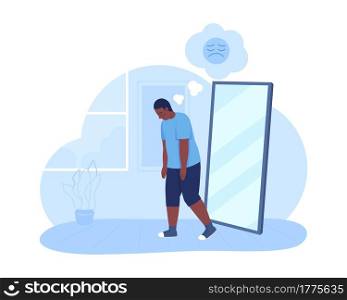 Overweight sad teenage boy 2D vector isolated illustration. Mental health issue. Teen with depressing thoughts about his body flat characters on cartoon background. Teenager problem colourful scene. Overweight sad teenage boy 2D vector isolated illustration