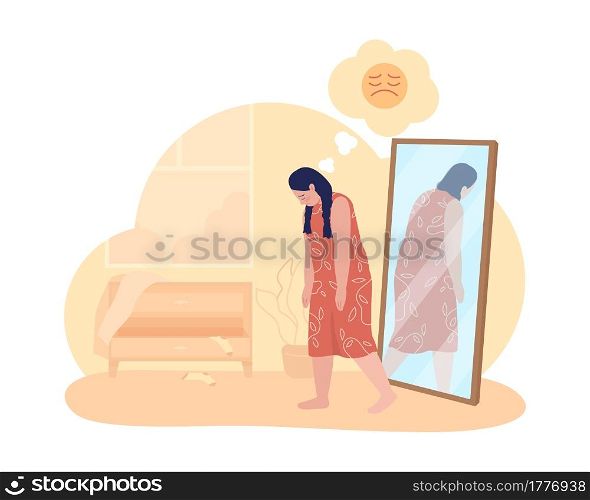 Overweight sad teenage girl 2D vector isolated illustration. Obesity issue. Negative thoughts. Upset teen in front of mirror flat characters on cartoon background. Teenager problem colourful scene. Overweight sad teenage girl 2D vector isolated illustration