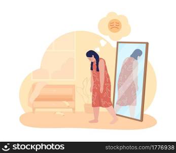 Overweight sad teenage girl 2D vector isolated illustration. Obesity issue. Negative thoughts. Upset teen in front of mirror flat characters on cartoon background. Teenager problem colourful scene. Overweight sad teenage girl 2D vector isolated illustration