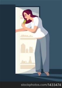 Overweight woman eating at night semi flat RGB color vector illustration. Young girl with excessive weight isolated cartoon character on blue background. Emotional eating, overeating problem. Overweight woman eating at night semi flat RGB color vector illustration