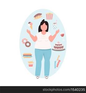 Overweight woman flat color vector faceless character. Chubby girl in blue pants with unhealthy diet. Fast food. Bad eating habits isolated cartoon illustration for web graphic design and animation. Overweight woman flat color vector faceless character