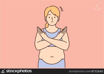 Overweight young woman show no hand gesture to stop eating. Decisive fat female refuse from overeating lose weight. Diet and nutrition. Body care. Vector illustration. . Overweight woman show stop hand gesture 