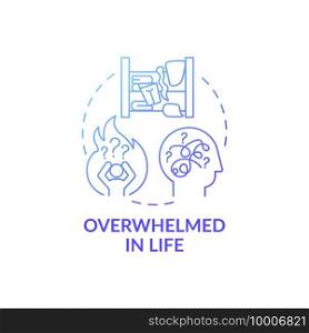 Overwhelmed person in life blue gradient concept icon. Without wanting to get rid of unused items idea thin line illustration. Living in chaos. Vector isolated outline RGB color drawing. Overwhelmed person in life blue gradient concept icon