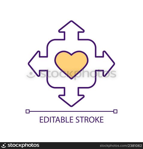 Overwhelming feeling of humanity RGB color icon. Making donations. Showing empathy and openness. Charity. Isolated vector illustration. Simple filled line drawing. Editable stroke. Arial font used. Overwhelming feeling of humanity RGB color icon