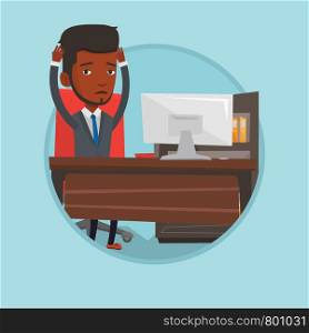 Overworked african business man feeling stress from work. Stressful office worker sitting at workplace. Stress at work concept. Vector flat design illustration in the circle isolated on background.. Business man feeling stress from work.
