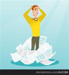 Overworked business man having a lot of paperwork. Caucasian businessman surrounded by lots of papers. Business man standing in the heap of papers. Vector flat design illustration. Square layout.. Stressed businessman having lots of work to do.