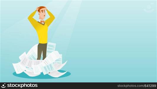 Overworked business man having a lot of paperwork. Caucasian businessman surrounded by lots of papers. Business man standing in the heap of papers. Vector flat design illustration. Horizontal layout.. Stressed businessman having lots of work to do.