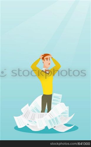 Overworked business man having a lot of paperwork. Caucasian businessman surrounded by lots of papers. Business man standing in the heap of papers. Vector flat design illustration. Vertical layout.. Stressed businessman having lots of work to do.