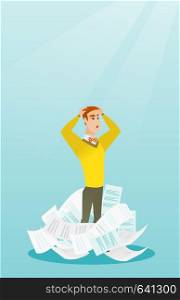 Overworked business man having a lot of paperwork. Caucasian businessman surrounded by lots of papers. Business man standing in the heap of papers. Vector flat design illustration. Vertical layout.. Stressed businessman having lots of work to do.