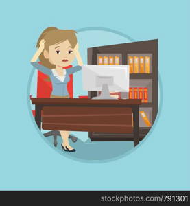 Overworked business woman feeling stress from work. Stressful female office worker sitting at workplace. Stress at work concept. Vector flat design illustration in the circle isolated on background.. Tired employee working in office.